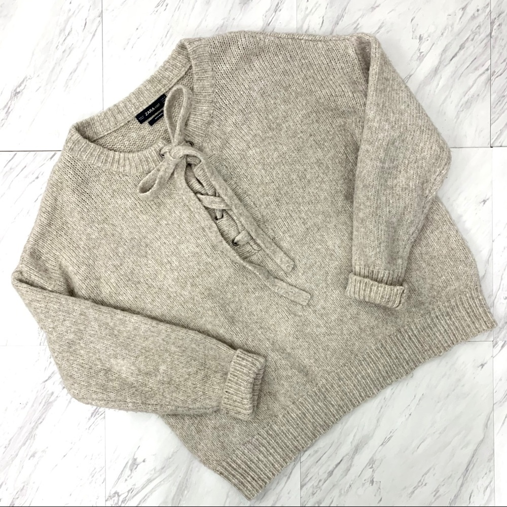 Zara- Oatmeal Lace Up Wool Blend Sweater Med - Picture 7 of 10